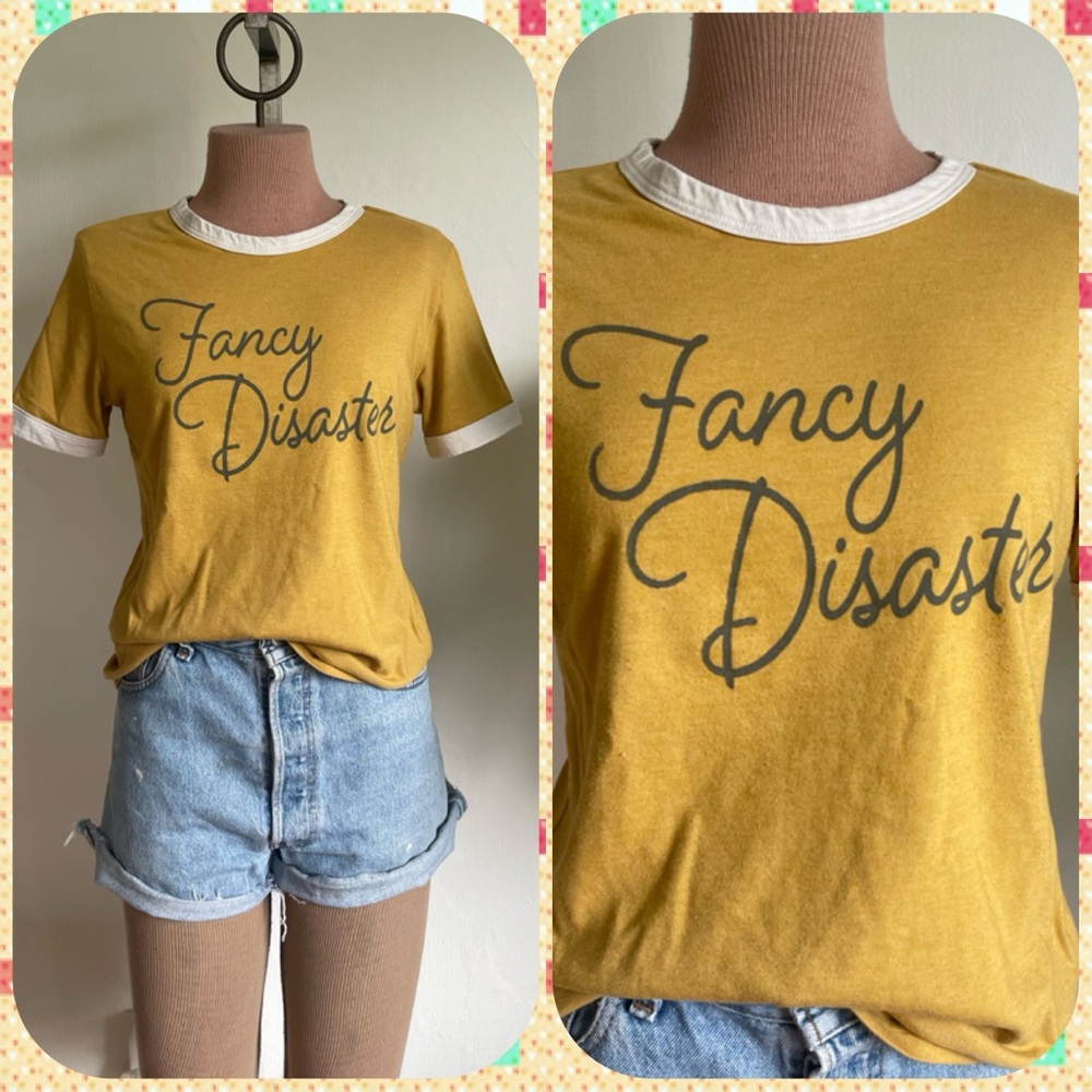 FANCY DISASTER Mustard Yellow and Cream Baseball Ringer Tee T-shirt Size Medium